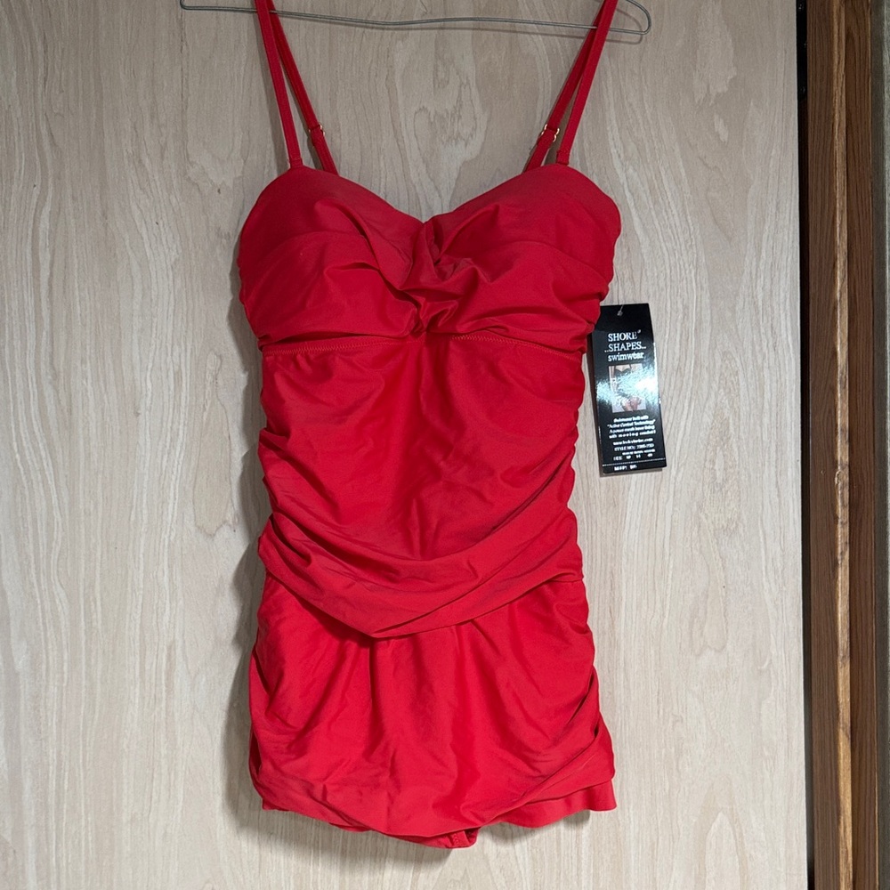 Shapely Red Ruched One-Piece Swimsuit with Adjustable Straps